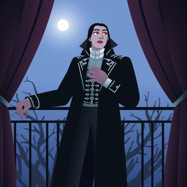 A Victorian-era vampire with pale skin and long black hair is standing on a shadowy balcony. He is dressed in an elaborate black coat with intricate silver detailing and a high-collared white shirt underneath. His sharp features are illuminated by the faint light of the moon, casting soft shadows across his face. The vampire's eyes, a striking shade of red, are fixed on the distant horizon. Below the balcony, dark, twisted trees are silhouetted against the night sky, adding to the eerie atmosphere. Draped velvet curtains frame the balcony, billowing slightly in the cool night breeze.