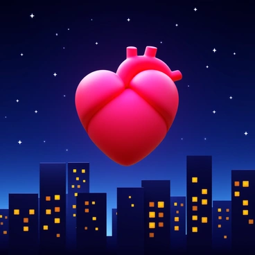 A city skyline at night filled with tall buildings and illuminated windows. In the center of the skyline, there is a giant human heart glowing in bright red and pink hues. The heart is detailed, showing veins and arteries extending from it. The sky is deep navy blue with twinkling stars scattered throughout. The buildings are silhouetted against the glow of the heart, creating a striking contrast.