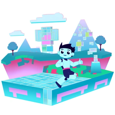 Astro Boy, a robotic boy with large expressive eyes and a classic hairstyle, is exploring a vibrant virtual digital world. He is surrounded by colorful pixelated landscapes that feature rolling hills, blocky trees, and geometric clouds. The ground is a mosaic of bright squares, resembling a digital terrain. In the background, there are pixelated mountains and structures that rise into the sky, contributing to the whimsical environment. Astro Boy is hovering in mid-air, looking curiously at a pixelated creature with a blocky shape and bright colors, reflecting the playful nature of the digital realm. A sparkling trail follows him as he moves forward.
