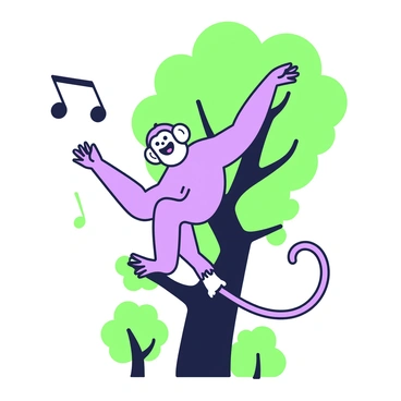 A gibbon is perched atop a tall tree with its long arms stretched out, its face expressing joy as it sings. The tree has a thick trunk and lush green leaves that create a dense canopy. Above the gibbon, a large musical note is depicted, emphasizing its melodic performance. In the background, additional trees can be seen, creating a vibrant forest scene. The gibbon's fur is illustrated with intricate details, adding to its lively appearance.
