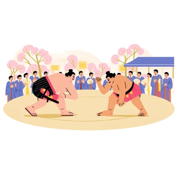 A historical depiction of sumo wrestling shows two wrestlers engaged in a fierce match. The first wrestler is a large man with a topknot hairstyle, wearing a black mawashi, showing his strength and focus. The second wrestler, slightly smaller, is wearing a red mawashi, leaning forward with determination. They are in a circular clay ring surrounded by a crowd of spectators in traditional Japanese attire, some waving fans. In the background, there are elements of ancient Japanese architecture, such as wooden buildings and cherry blossom trees. The entire scene is captured in a style reminiscent of ancient Japanese scroll paintings, with soft colors and flowing lines.