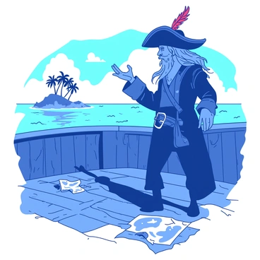 A pirate captain with a rugged appearance stands on the deck of a ship, gazing towards an island in the distance. He has a hook for a right hand, which he is using to gesture enthusiastically towards the island. The captain wears a tattered navy blue coat, a wide-brimmed black hat adorned with a red feather, and his long hair flows in the wind. The background features a clear sky and the silhouette of palm trees on the distant shore of the island. The ship's wooden railing is lined with ropes and old maps scattered around.