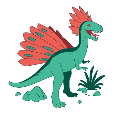 A teal dilophosaurus stands on its hind legs, flaring its vibrant red frill as a defensive display. The frill spreads wide, showcasing intricate patterns of red and teal that contrast against the dinosaur's greenish body. Its sharp teeth are bared, and its eyes are wide open, conveying a sense of alertness. In the background, there are scattered ferns and rocks that add to the prehistoric atmosphere surrounding the scene.