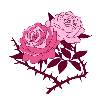 A duotone illustration features a close-up view of a floral tattoo design. The tattoo prominently displays intricate roses with detailed petals in a rich blend of textures, surrounding sharp, intertwining thorns. The roses are represented in {color_1}, while the thorns contrast sharply in {color_2}. The design captures the delicate beauty of the flowers alongside the menacing aspects of the thorns, all set against the skin.
