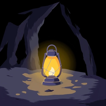 A round lantern glowing with a warm yellow light is placed on the rocky ground of a dark cave. The lantern has intricate details on its surface, with a small flame flickering inside. Shadows dance across the cave walls, highlighting the rugged textures of the stone. The cave entrance is barely visible in the background, creating a sense of depth. Surrounding the lantern are small pebbles and faint traces of moisture on the ground, emphasizing the cave's damp environment. The scene conveys a feeling of hope and guidance in the darkness.