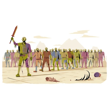 An army of undead figures marching in formation across a barren wasteland. The undead have tattered clothing and decaying skin, with glowing eyes that pierce the desolate landscape. In the foreground, a skeletal warrior raises a rusted sword high, while in the background, a mass of ghoulish soldiers trudges forward. The ground is cracked and dry, with scattered bones and remnants of previous battles. A pale sky looms overhead, casting a dim light over the eerie scene.