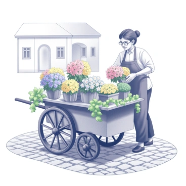 A flower cart filled with a variety of fresh flowers is positioned on a cobblestone street. The cart has wooden wheels and is adorned with green foliage. The vendor, a middle-aged individual wearing an apron, is arranging a bouquet of colorful blooms. Surrounding the cart are pots with vibrant flowers, creating a lively and inviting atmosphere. The cobblestones form a textured path beneath the cart, leading to quaint buildings in the background, characterized by their rustic charm.