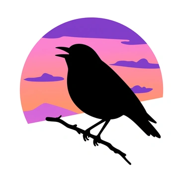A black finch silhouette is perched on a delicate branch, its beak slightly open as if singing. The background features a vibrant sunset sky with shades of orange and purple blending together seamlessly. Wispy clouds streak across the sky, illuminated by the fading light of day. The finch's outline is sharp against the colorful backdrop, creating a striking contrast that draws attention to its graceful form.