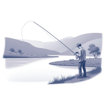 A rural landscape with rolling hills, a river, and a fisherman casting a line