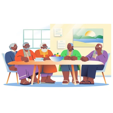 A group of five elders with diverse appearances is gathered around a large, oval wooden table in a well-lit room. Each elder is dressed in traditional attire, showcasing intricate patterns and varying colors. The table is adorned with a stack of documents and a silver bowl filled with fruit in the center. One elder with gray hair and round glasses is speaking, while the others listen attentively, nodding in agreement. A wall in the background is decorated with framed certificates and a large painting depicting a serene landscape. A warm, inviting atmosphere fills the room as sunlight streams in through a large window.