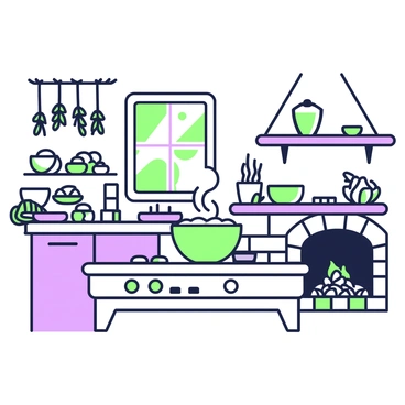 A traditional Scottish kitchen is depicted, featuring a sturdy wooden table at the center. On the stove, there is a large pot filled with steaming porridge, bubbling gently. The walls are adorned with rustic wooden shelves that hold various kitchenware, including ceramic bowls and jars filled with grains. A window above the sink allows natural light to stream in, illuminating the room. In the corner, a stone fireplace can be seen, with a small fire crackling inside. Hanging from the ceiling are bundles of dried herbs, adding to the kitchen's warm and inviting atmosphere.