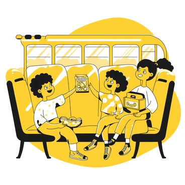 A group of children sitting on a school bus, engaged in exchanging lunchbox treats and snacks. One child is holding a yellow lunchbox with stickers, while another child is offering a snack pack filled with fruit gummies. A third child has a sandwich with the crust cut off, and is sharing it with a smile. The bus interior is filled with rows of seats, and sunlight streams through the windows, illuminating the cheerful scene of friendship and sharing.