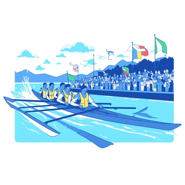 A blue snake boat is gliding swiftly across the water, propelled by a team of rowers who are all in perfect sync. Each rower is wearing a yellow life jacket, and their expressions show concentration and determination. The boat is long and slender, its design accentuating its speed. Water splashes high as the paddles hit the surface, creating a dynamic sense of movement. In the background, a vibrant crowd of spectators is gathered along the shore, cheering enthusiastically as colorful flags flutter in the breeze. The sky above is clear and bright, enhancing the lively atmosphere of the race.