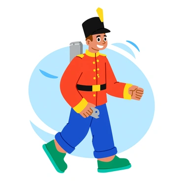 A colorful wind-up toy soldier with a bright red uniform and a black hat is marching forward. The soldier has a painted face with a cheerful expression, and its limbs are articulated, creating a playful pose. The key on its back is metallic and shiny, positioned prominently to suggest motion. The background features a simple, light blue setting, emphasizing the toy soldier's vibrant colors. The soldier's feet are slightly raised, showing the motion of marching, and there are small sound lines around it to imply that it is making a rhythmic clattering sound as it moves.