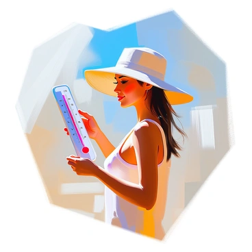 A person wearing a large hat on a sunny day with a thermometer showing high temperature