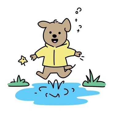 A small brown dog wearing a bright yellow raincoat is jumping into a puddle. Water splashes around as the dog’s paws hit the surface, sending droplets flying into the air. The dog has its ears perked up and a joyful expression on its face. The ground is wet, reflecting the overcast sky above. In the background, there are green grass patches and a few scattered autumn leaves, enhancing the playful scene.