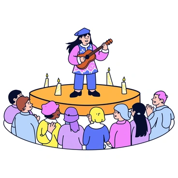 A medieval minstrel with long flowing hair is playing a lute while standing on a wooden stage. The minstrel is wearing a colorful tunic adorned with patterns, and a feathered cap sits atop their head. In front of the minstrel, a captivated audience is gathered, consisting of men and women dressed in simple medieval attire. Some audience members are clapping along, while others have looks of joy on their faces. A few candles are placed around the stage, casting a warm glow on the scene.