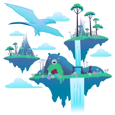 A vast dreamy realm with numerous floating islands suspended in a clear blue sky. Each island is lush with vibrant vegetation, featuring multicolored flowers and towering trees. Fantastical creatures inhabit the scene, including a large, winged creature with shimmering scales soaring above one of the islands. Another island showcases a gentle giant resembling a mix between a bear and a dragon, peacefully resting under a waterfall that cascades into the void below. Wispy clouds drift lazily amongst the islands, enhancing the ethereal atmosphere of this enchanting landscape.