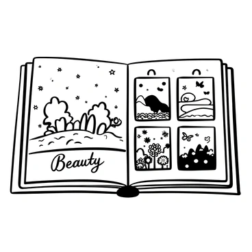 An open photo album is displayed on a wooden table. Each page features a different nature scene representing a season. The left page shows a winter landscape with snow-covered trees and a frozen lake, while the right page displays a vibrant spring meadow filled with blooming flowers and butterflies. The next page features a summer beach scene with waves crashing against the shore and palm trees swaying in the breeze. The final page illustrates an autumn forest with colorful leaves falling from the trees. The album cover is embossed with the words "Nature's Beauty" in an elegant font.