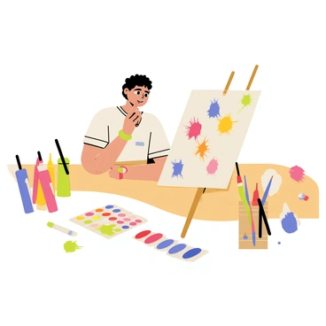 An artist sitting at a wooden table, focused on a sketchpad in front of them. The sketchpad is open, displaying an array of colorful sketches in various vibrant hues. The artist is holding a paintbrush in one hand, with splashes of bright paint on their fingertips. Surrounding the sketchpad are tubes of paint in a rainbow of colors, and a few brushes of different sizes. The artist is looking thoughtfully at the page, contemplating their next stroke. A few paint swatches are neatly arranged beside the sketchpad, showcasing a range of vibrant color palettes.
