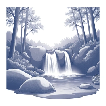 A waterfall is cascading over a series of rocks. The water flows smoothly and creates a gentle spray at the base. The surrounding area features tall trees with thick trunks, their leaves creating a dense canopy above. Various types of plants and underbrush fill the foreground, adding depth and richness to the scene. Shadows cast by the trees create intricate patterns on the forest floor, enhancing the secluded atmosphere of the location.