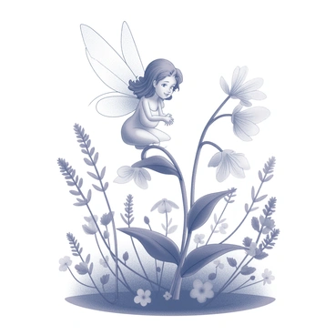 A tiny fairy with delicate wings is perched on a honeysuckle flower. The flower is blooming, with an array of petals and curling tendrils. The fairy’s features are intricate, with a gentle expression and hair flowing softly. Surrounding the fairy is a lush garden filled with various plants and flowers, their shapes and forms complementing the honeysuckle. The atmosphere in the garden suggests a sense of enchantment with the fairy at its center, engaged in a moment of tranquility.