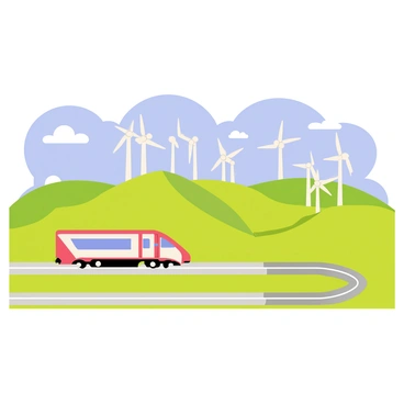 An electric train in a sleek design is speeding along a set of silver tracks. The train features vibrant colors, with a streamlined body and large windows reflecting the surrounding scenery. The countryside landscape showcases rolling green hills under a clear blue sky. Several white windmills with large, rotating blades are positioned on the hills, contrasting against the greenery. A few fluffy white clouds float lazily in the sky, adding depth to the serene backdrop.