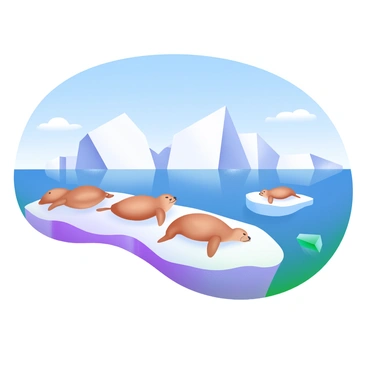 A panoramic view of the Arctic featuring large, jagged icebergs floating in the water. There are several seals lounging on a smooth, flat piece of ice, with some resting while others appear alert. Above them is a clear blue sky, creating a bright contrast with the white ice and blue water. The scene captures the vastness of the Arctic landscape, emphasizing the scale of the ice formations and the tranquility of the environment.