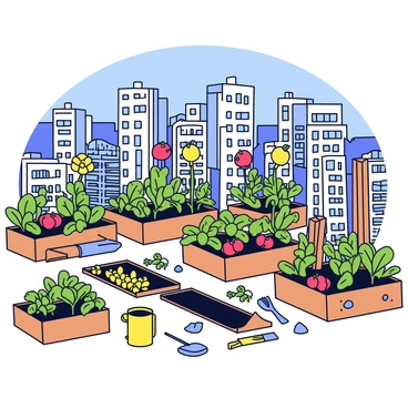 A rooftop garden filled with various plants and flowers, showcasing vibrant greens, reds, and yellows. There are raised wooden beds with tomatoes, peppers, and herbs growing abundantly. A wooden trellis supports climbing vines. Nearby, a small watering can and garden tools are neatly arranged. In the background, tall buildings of a bustling city rise, their windows reflecting sunlight. A clear blue sky is visible above, adding to the lively atmosphere.