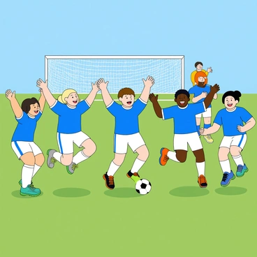 A grassy soccer field with a bright blue sky overhead. In the foreground, seven players are jumping and cheering enthusiastically after scoring a goal. They are wearing matching blue jerseys with white shorts and colorful cleats. One player is in the center of the group, raising their arms high in celebration, while the others surround them with wide smiles. Each player has different hair colors, including blonde, brown, and black, adding variety to the scene. In the background, a single player stands near the goalpost, clapping and looking proud, representing the eighth player. The goal net is visible behind them, and a soccer ball is resting near the goal line.