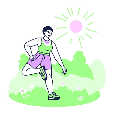 A person is performing high knees exercise in an open space during early morning. The individual has short hair and is dressed in athletic wear, consisting of a sleeveless top and shorts. They are lifting their knees high as they jog in place, with a focused expression. In the background, the sun is rising, casting rays of light that illuminate the scene. The ground is grass, with a few scattered flowers, and a distant silhouette of trees can be seen under the lightening sky.