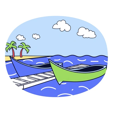 Two fishing boats painted in bright colors, one blue and one green, are docked at a wooden pier. The pier is made of weathered wooden planks, showing signs of wear and tear. In the background, there are gentle waves lapping at the shore of a Konkan bay, with palm trees swaying slightly in the breeze. The sky above is clear with a few fluffy white clouds scattered throughout.