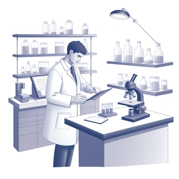 A doctor in a white lab coat is standing in a laboratory filled with various scientific equipment. The doctor is examining a set of test tubes placed on a white countertop. In one hand, the doctor holds a pipette, while the other hand is taking notes on a clipboard. Shelves in the background are lined with glass jars and lab instruments, and a microscope is positioned nearby on the counter. A bright overhead light illuminates the workspace, creating a clinical atmosphere.
