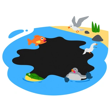 A cartoonish depiction of an oil spill covering the surface of the water. The spill appears as a large black slick contrasting against the blue water. There are several distressed marine animals struggling in the oil, including a fish with wide eyes, a turtle with an open mouth, and a seagull flapping its wings in alarm. Each animal shows a clear expression of distress. The shoreline is visible in the background, with a few green plants and rocks.