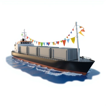A tank barge with a sleek metal hull floating on water. The deck is adorned with vibrant, colorful flags fluttering in the breeze, with various shapes and sizes, creating a festive atmosphere. There are decorative bunting strings hanging across the deck, contributing to the celebratory look. The barge features several large containers, prominently placed, contrasting with the lively decorations. The sunlight glints off the water's surface, enhancing the festive scene around the barge.