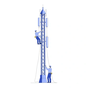 A group of engineers is performing maintenance work on a tall cell tower. The tower is constructed of lattice metal, rising high into the sky with numerous antennas and transmission equipment attached to it. Engineers are wearing safety harnesses, climbing gear, and hard hats as they ascend the tower. One engineer is positioned at the mid-level, inspecting equipment, while another engineer is at the base, holding tools and looking up. The scene captures the intricate details of the tower's structure and the engineers' focused expressions as they work diligently.