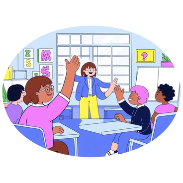 A student with short brown hair wearing glasses is eagerly raising their hand. The student has a cheerful expression on their face. The classroom is filled with colorful decorations on the walls, including posters of letters and numbers. Desks are arranged in a semicircle, and there is a whiteboard at the front of the room. Bright sunlight filters through the large windows, illuminating the space. A teacher stands at the front, engaging with the students.