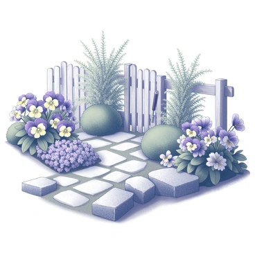 A quaint cottage garden featuring a stone path. The path is made of uneven stones and is bordered by clusters of pansies in various sizes. These pansies display a variety of shapes, with their distinctive five-petal design. The garden has lush greenery surrounding the path, with a few bushes and small trees providing additional texture. A wooden fence can be seen in the background, partially covered in climbing plants. There are a few garden tools resting against the cottage wall, emphasizing the garden's cultivated look.
