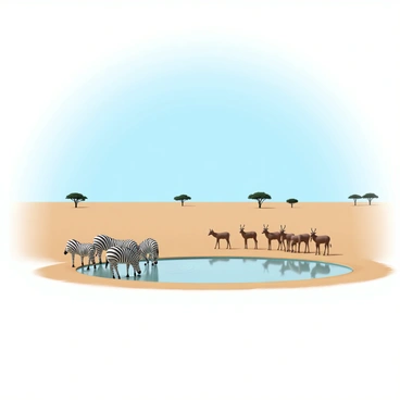 A savannah waterhole scene with zebras and antelopes drinking under a clear sky
