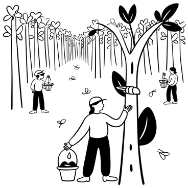 A worker dressed in traditional clothing is carefully tapping a rubber tree with a knife, collecting latex in a small bowl attached to the trunk. The plantation is filled with tall rubber trees stretching into the distance. The ground is covered with fallen leaves, and other workers can be seen in the background engaged in similar tasks. The worker holds a bucket filled with collected latex beside them.