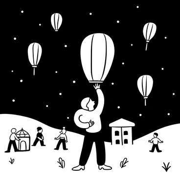A child holding a colorful paper lantern, intently watching as it rises into the night sky. The lantern is illuminated from within, casting a soft glow. Surrounding the child are various other lanterns already floating in the sky, some of them at different heights. The ground is dotted with small festival decorations and people in the background, engaged in the festive activities. The scene conveys a sense of wonder and celebration as the night unfolds.