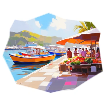 A vibrant Caribbean harbor filled with a variety of colorful boats bobbing gently on the water. The scene showcases numerous fishing boats painted in bright hues of blue, yellow, and red. In the foreground, a bustling market is visible, with vendors displaying an array of fresh fruits, vegetables, and handcrafted items. People are interacting, bartering and chatting, while the sun casts a warm glow over the lively scene. The background features lush green hills, adding to the tropical atmosphere of the harbor.