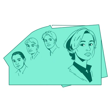 A teal background showcases several miniature portrait drawings arranged in a semi-circle. Each drawing displays a different stage of detail, starting from a rough sketch on the left, moving to more defined outlines in the middle, and finishing with a fully detailed depiction on the right. The sketches use various shades of white to convey depth and texture. Each portrait has distinct features that highlight the progression from simple lines to intricate details such as expressions and hair textures. The overall composition emphasizes the artistic evolution of each miniature portrait.