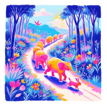 A cheerful parade of animals is marching along a winding path in a vibrant forest. In the front, a group of elephants is playfully swinging their trunks. Behind them, a variety of animals follows, including a row of rabbits hopping joyfully and a few colorful birds flying overhead. The forest is filled with tall, lush green trees and bright flowers in various colors blooming along the path. Sunlight filters through the leaves, casting playful shadows on the ground. 
