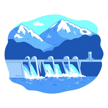 A blue mountain range rises majestically in the background, its peaks covered with patches of white snow. In the foreground, there is a massive concrete dam that stretches across a deep blue lake. The dam is equipped with large turbines and gates, showcasing its massive scale. Water flows over the top of the dam, creating a cascading effect that sparkles in the sunlight. The scene captures the grandeur of nature alongside human engineering.