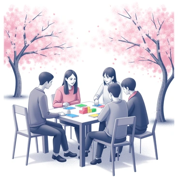 A group of four individuals is gathered around a square table, deeply engaged in a game of mahjong. Each player has a distinct appearance, with varying expressions of concentration and excitement. The table is adorned with colorful mahjong tiles arranged in neat stacks. Surrounding them are vibrant cherry blossom trees in full bloom, their branches drooping with delicate pink flowers. A gentle breeze stirs the petals, causing some to float gracefully to the ground. The ground is covered with a carpet of fallen blossoms, creating a picturesque setting that enhances the atmosphere of the park. In the background, additional trees can be seen, completing the tranquil scene.