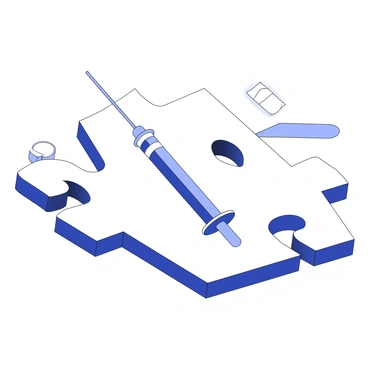 A syringe piece is fitting into a puzzle comprised of various medical tools. The puzzle pieces include a stethoscope, a scalpel, and a bandage. The syringe has a plunger and a needle, and it is positioned at the center of the image, aligning perfectly with the corresponding cut-out in the puzzle. Each puzzle piece has distinct shapes, showcasing the intricate details of the medical tools. The overall composition emphasizes the theme of medical equipment and their interconnectivity.
