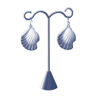 A pair of earrings shaped like "scallop shells" displayed on a jewelry stand. The earrings are intricately designed, showcasing detailed textures and curves that mimic the natural appearance of scallop shells. The jewelry stand is elegantly shaped, with a smooth finish, allowing the earrings to hang gracefully. Soft light casts gentle shadows, highlighting the craftsmanship and the reflective surfaces of the earrings. The overall composition emphasizes the beauty and uniqueness of the scallop shell design.