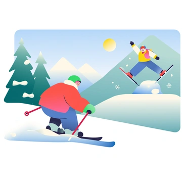 A group of skiers in colorful winter gear is descending a snowy mountain slope. One skier with a bright red jacket is in the foreground, carving sharply through the fresh powder. Another skier wearing a blue and yellow outfit is jumping off a small mound of snow, with arms extended and a smile of exhilaration. In the background, tall evergreen trees dusted with snow line the slope, and a clear blue sky stretches overhead, with the sun shining brightly on the wintry scene. Snowflakes are gently falling, adding to the lively atmosphere of winter sports.
