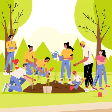 A park filled with lush green grass and vibrant trees. A diverse group of people of all ages are planting young saplings into the ground. Some individuals are kneeling down, carefully placing the roots into the soil, while others are standing and holding watering cans. Everyone is smiling as they engage in this activity, showcasing their enjoyment of nature. A few children are playing nearby, while adults are sharing tools and encouraging each other. Bright sunlight filters through the leaves, creating a warm and inviting atmosphere.